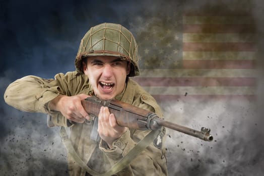 young American soldier ww2 with rifle, attack