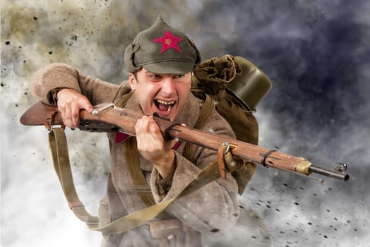 young Soviet soldier ww2 with rifle, attack
