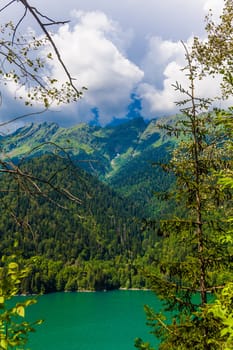 Beautiful landscape with lake, forest and mountains