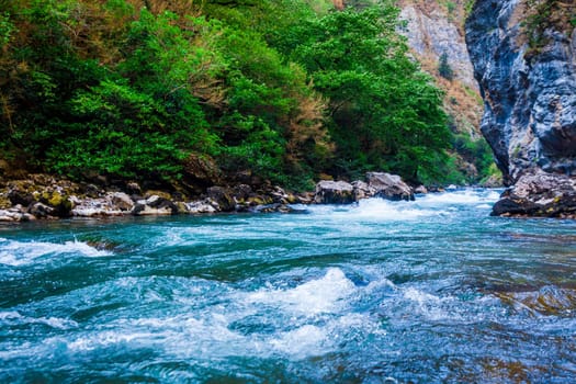 Beautiful view of mountain river in summer. Mountain river in the forest. Abkhazia. Beutiful landscape