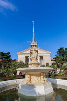 Seaport Building. Sculpture Goddess of the navigation close to Sochi sea port
