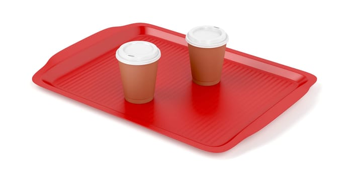 Red plastic tray with two coffee cups on white background