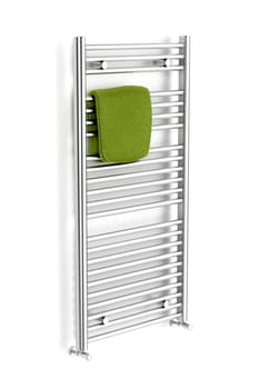 Chrome towel radiator on white background