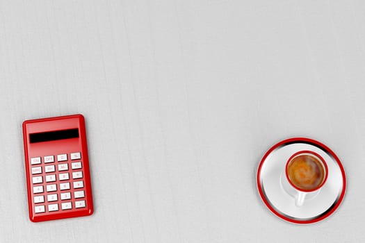 Top view of hot espresso coffee and red calculator on wooden table