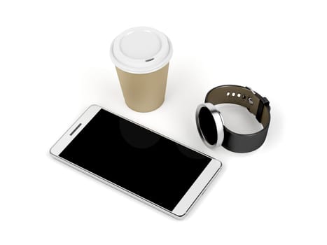 Smartphone, smartwatch and paper coffee cup on white background
