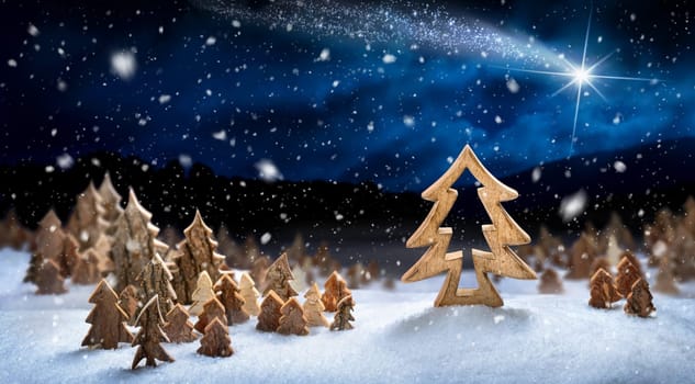 Wooden decoration arranged in snow,forming a fantasy forest night landscape with a shooting star,ideal for Christmas or winter