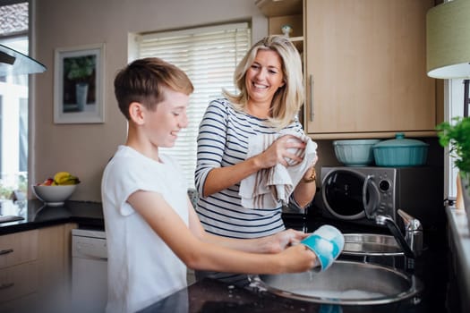 Mother and son doing the dishes together. They are talking and laughing as the boy washes and the mother dries dishes.