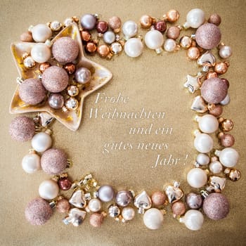 Scattered Christmas decorations with a golden background
