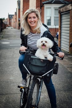 Mature woman sitting on her bike with her pet Bichon Frise in a basket on the front. They are both looking at the camera the woman is smiling and the dog has it's tongue out.