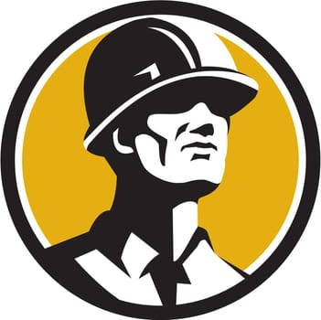 Illustration of a builder construction worker wearing hardhat looking forward set inside circle on isolated background done in retro style.