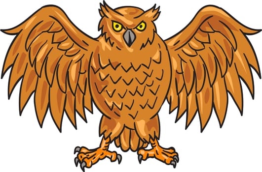 Drawing sketch style illustration of an angry owl facing front with spread wings set on isolated white background.