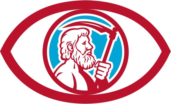 Illustration of Cronus or Kronos, Greek God and leader of Titans, holding a scythe or a sickle viewed from the side set inside an eye on isolated background done in retro style.
