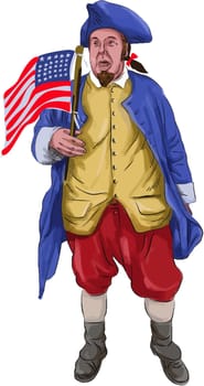 Watercolor style illustration of an american patriot shouting holding usa flag viewed from front set on isolated white background.