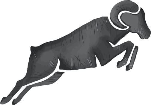 Watercolor style illustration of a silhouette of a ram goat jumping viewed from the side set on isolated background.