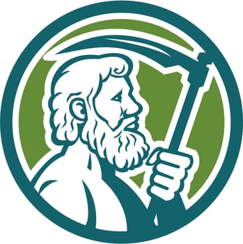 Illustration of Cronus or Kronos, Greek God and leader of Titans, holding a scythe or a sickle viewed from the side set inside circle on isolated background done in retro style.