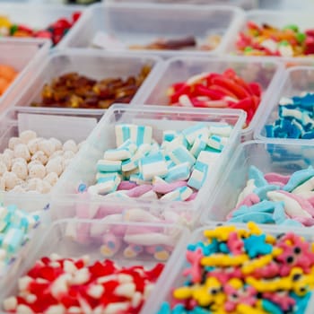 Assorted candy in a market. colorful candies and jellies