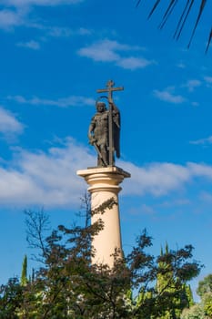 A monument Saint Michael the Archangel costs with a sword and a cross on Alexander Column. Sochi, Russia