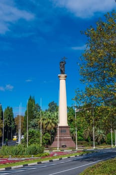 A monument Saint Michael the Archangel costs with a sword and a cross on Alexander Column. Sochi, Russia
