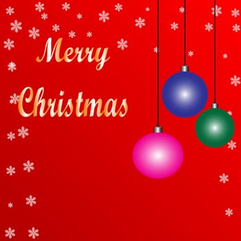 Christmas red background with fir branches and balls. Vector illustration.