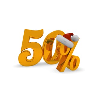 50 percent discount concept with hat of Santa, 3d rendering