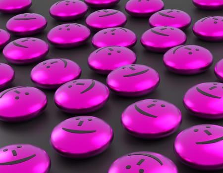 Many glossy pink buttons with a smiling face, happiness concept 3d rendering