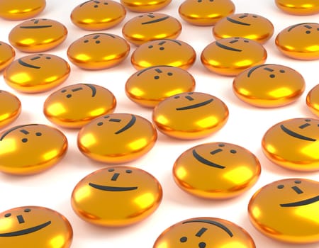 Many glossy golden buttons with a smiling face, happiness concept 3d rendering