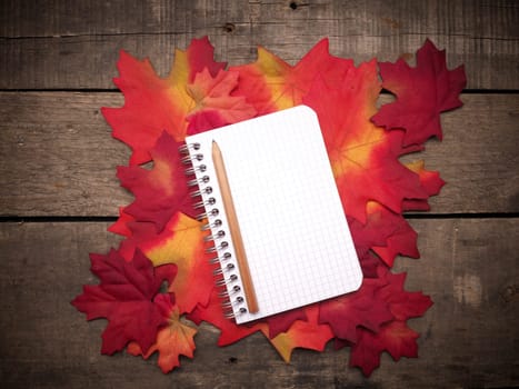 Small notebook on autumn leaves on a rustic wooden table