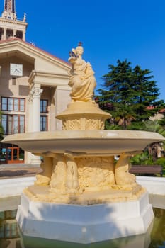 Seaport Building. Sculpture Goddess of the navigation close to Sochi sea port