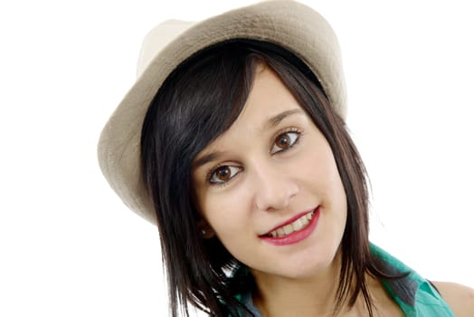 pretty young brunette woman with a summer hat