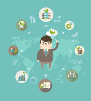 Eco concept. Globe with earth, nature, green, recycling, bicycle, car and home icon with scientists from eco ideas of saving the planet . Vector illustration.