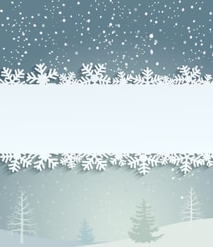 Christmas background with white snowflakes and frame with inscription