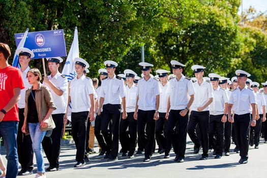 RUSSIA, SOCHI - SEPTEMBER 24, 2016 :SCF Black Sea Tall Ships Regatta 2016. Ship teams parade from sailing ships