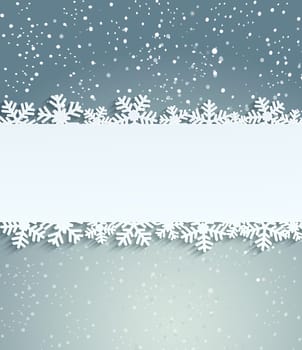 Christmas background with white snowflakes and frame with inscription. Vector.