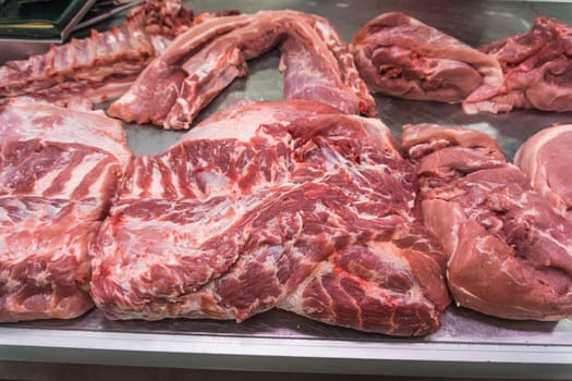 various meat in a supermarket. meat in shop