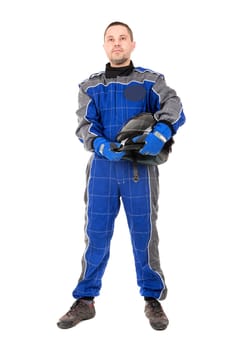 Racing driver posing with helmet isolated in white