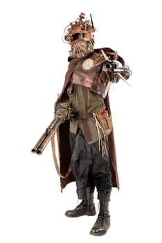 Futuristic soldier posing with gun and armor isolated in white