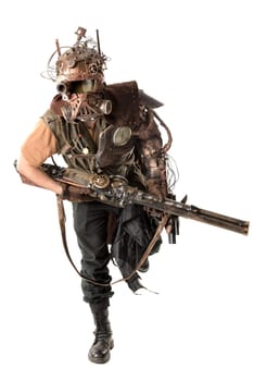 Futuristic soldier running with gun and armor