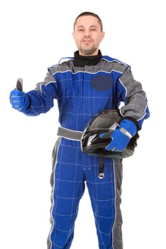 Racing driver posing with helmet isolated in white