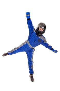 Racing driver with helmet celebrating isolated in white
