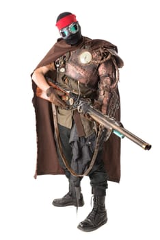 Futuristic soldier posing with gun and armor isolated in white