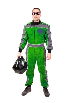 Racing driver posing with helmet and sunglasses isolated in white