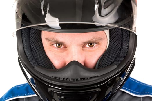Racing driver head with helmet isolated in white