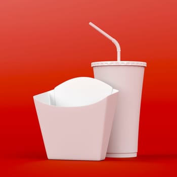 Box for french fries and soda cup on red background