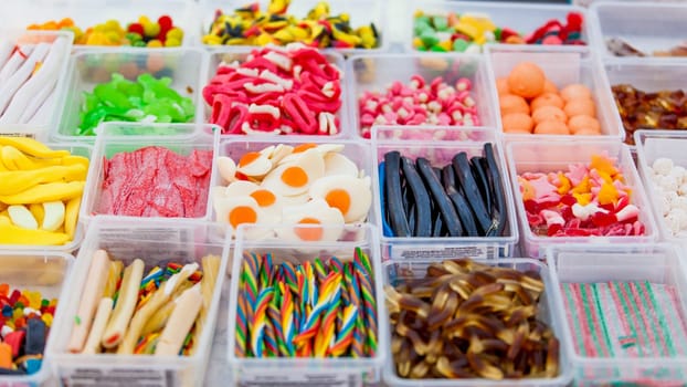 Assorted candy in a market. colorful candies and jellies
