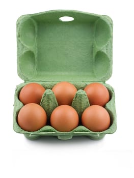 Top view of green eco six egg cardboard open packaging isolated on white background