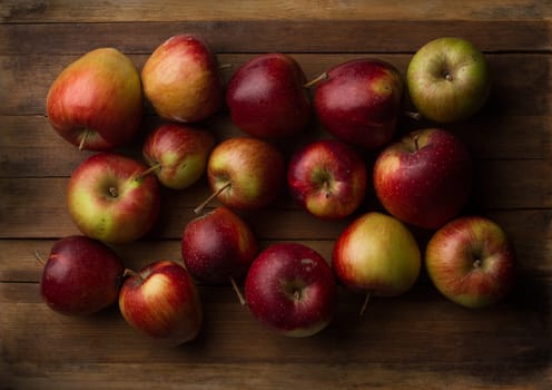 Horizontal top view of organic small raw apples on vintage wood board