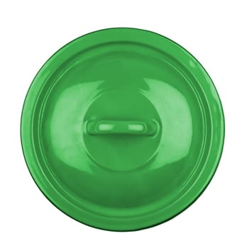 top view of a green metal pot cover with handle isolated on white background