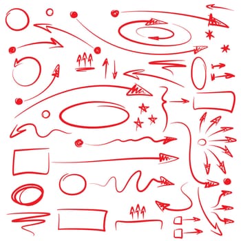 Set of hand drawn arrows and indication symbols for infographics presentation. In most arrows shaft and pointer are separate objects for easy editing..