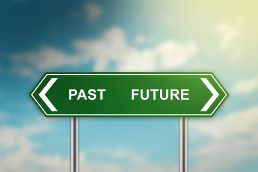 past and future on green road sign with blurred blue sky, dark and bright side concept