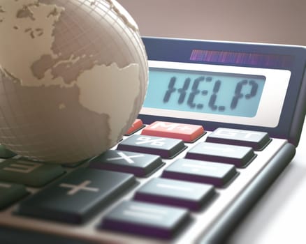 Calculator with the word HELP on the display, representing world financial crisis. 3D illustration, concept image of Global World Business and Finance.